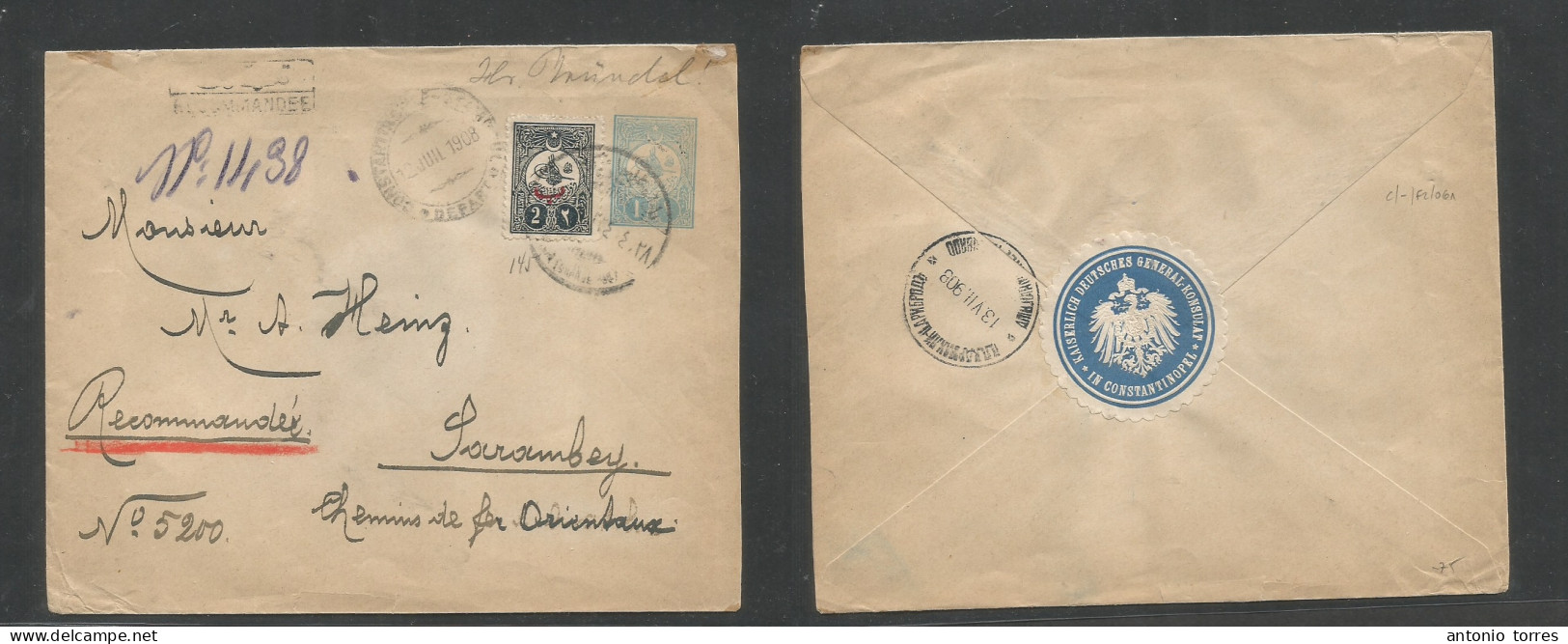 Turkey. 1908 (12 July) Constantinople - Sarambey (13 July) 1pi Blue Registered + Adtl Stationary Envelope, Tied Cds + R- - Other & Unclassified