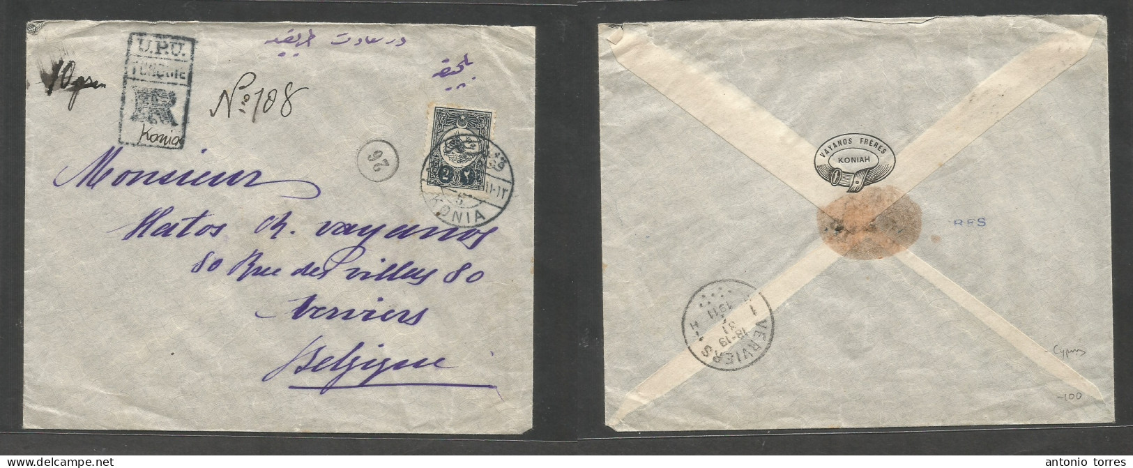 Turkey. 1911 (27 Jan) Konia, Cyprus - Belgium, Anvers (31 Jan) Registered Single 2pi Blue Fkd Env Bilingual Cachet. VF C - Sonstige & Ohne Zuordnung