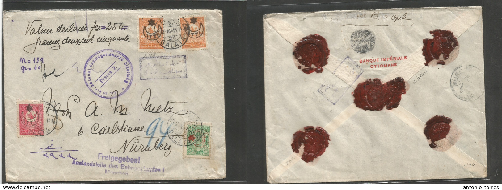 Turkey. 1916 (10 Febr) WWI Galata - Germany, Nuremberg. Registered Insured For 250 Frs Multifkd Envelope Ovptd Issue, Re - Andere & Zonder Classificatie