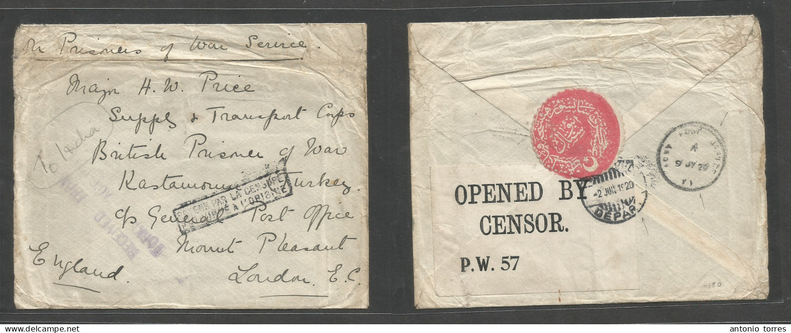 Turkey. 1920 (2 June) WWI POW Mail. British Service "received From Turkey Contains - Istambul - London, UK C/o General P - Other & Unclassified