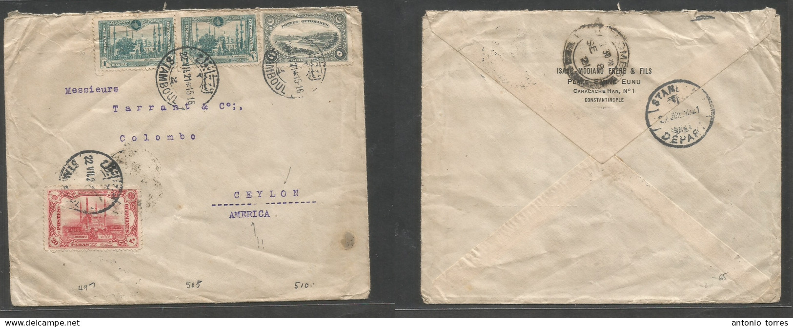 Turkey. 1921 (22 July) Istambul - Ceylon, Indian Ocean, Colombo (Sept 8) Multifkd Envelope. Rare Destination Usage For T - Other & Unclassified