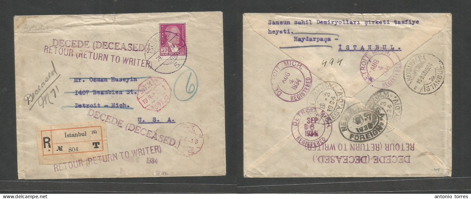 Turkey. 1934 (24 Jan) Istambul - USA, Detroit, Mich (6 Sept) Via Maydapasa - NYC + Various Aux Pmk Cachets "Decede / Dec - Other & Unclassified