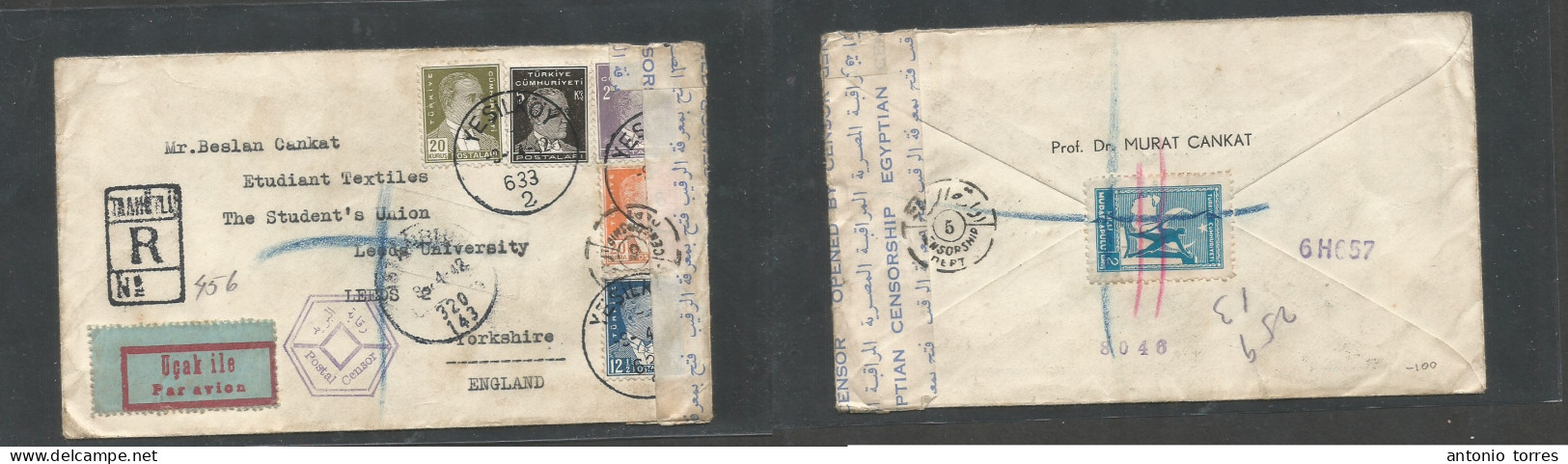 Turkey. 1942 (9 April) Yesilkoy - England, Leeds, Yorkshire. Air WWII Censored Multifkd Envelope Via Middle East - Egypt - Autres & Non Classés
