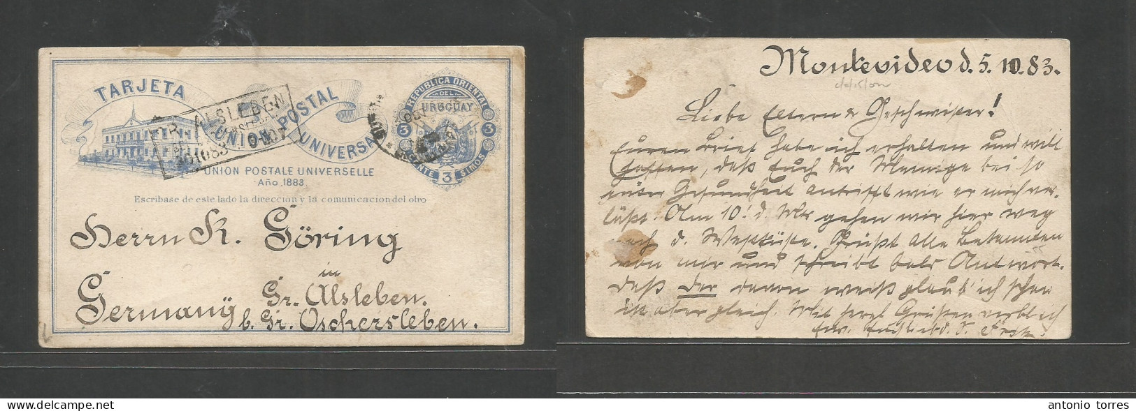 Uruguay. 1883 (5 Oct) Mont - Germany, Oschersleban (4 Sept) Early 3c Blue Stat Card, Cds + Arrival Box Alongside. Scarce - Uruguay