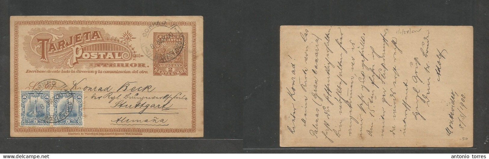 Uruguay. 1900 (8 March) Montevideo - Germany, Stuttgart. 2c Brown / Yellow Stat Card + 2 Adtls, Tied Cds. VF. - Uruguay