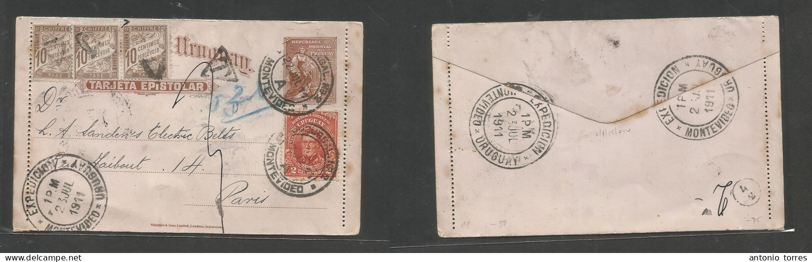 Uruguay. 1911 (22 July) Montevideo - Suez - France, Paris 3c Brown Stat Lettersheet + Adtls, Tied Cds + Taxed By (x3) Fr - Uruguay