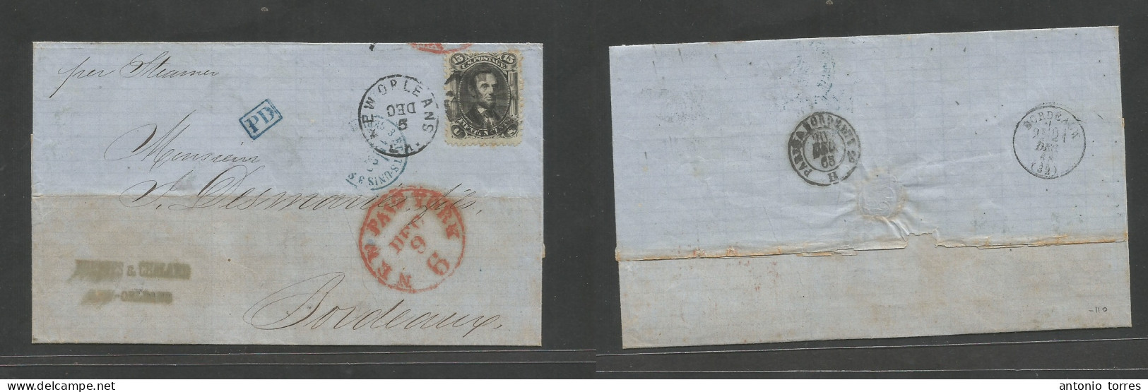 Usa. 1868 (5 Dec) New Orleans - France, Bordeaux (21 Dec) Via NY (Dec 9) + US Steamer Direct. Fkd E 15c Black Lincoln, T - Autres & Non Classés