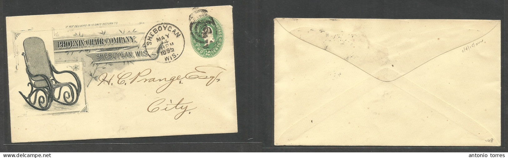 Usa - Stationery. 1895 (14 May) Sheboygan, Wis Local 2c Green Chair Cº Illustrated Private Print Used Stationary. VF + C - Other & Unclassified