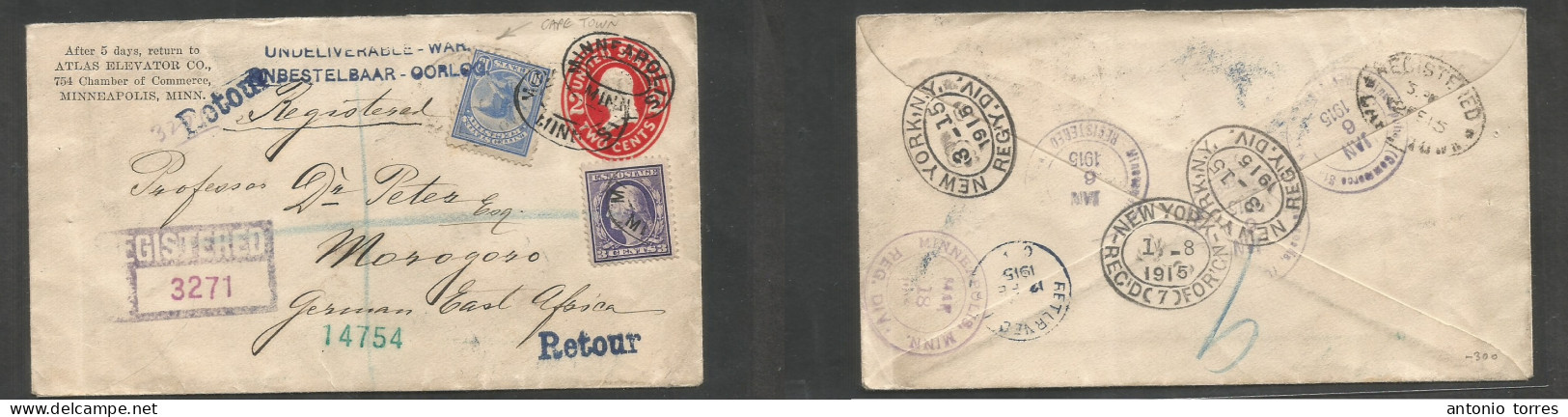 Usa - Stationery. 1915 (6 Jan) Minneapolis - German East Africa Morogoro. 2c Red Registered + 2 Adtls On 15c Rate Usage - Sonstige & Ohne Zuordnung