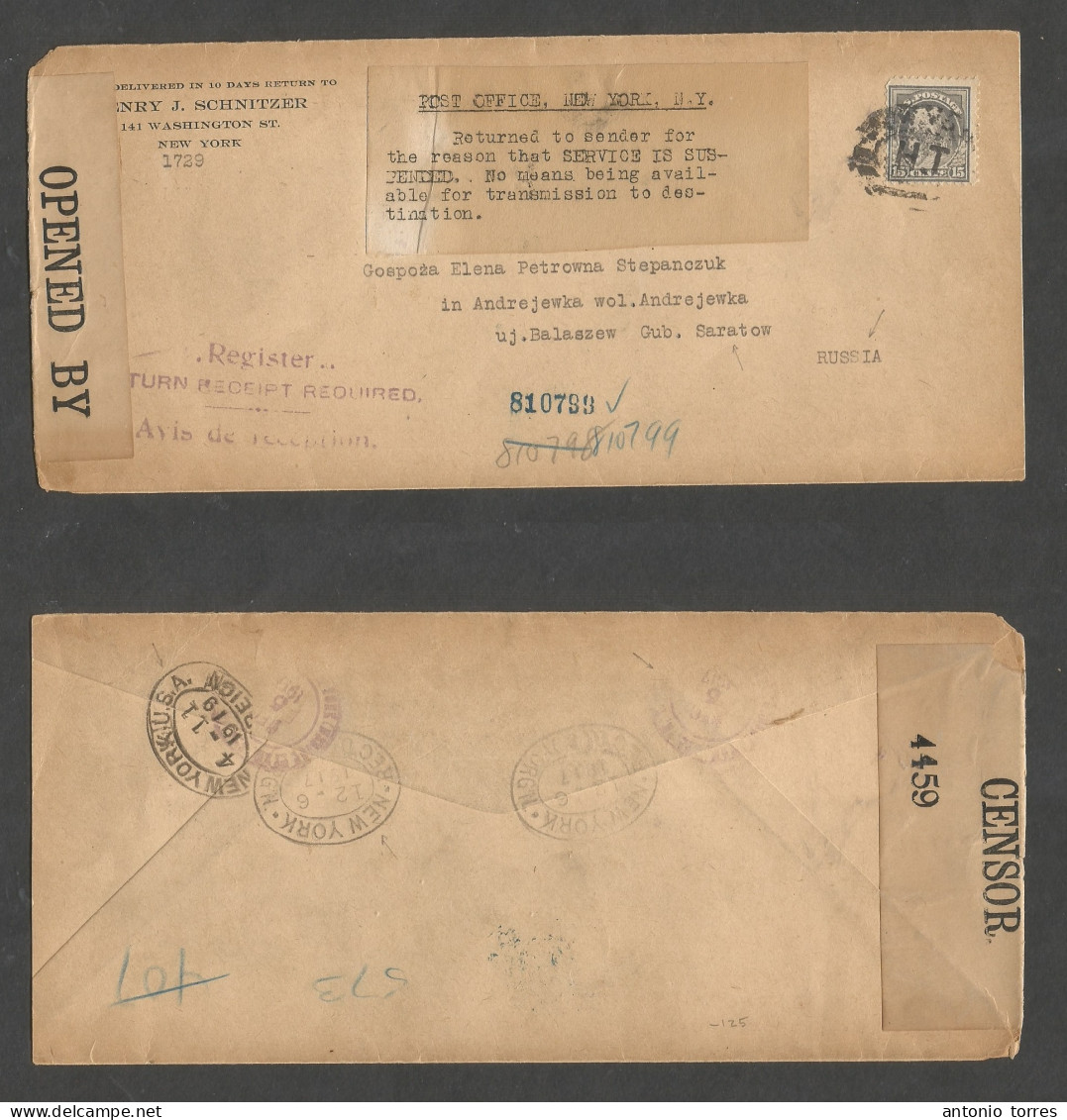 Usa - Xx. 1917 (6 June) NYC - Russia, Gub Saratow, Balaszow. Registered 15c Fkd Env, WWI Censored + Service Suspended, R - Sonstige & Ohne Zuordnung