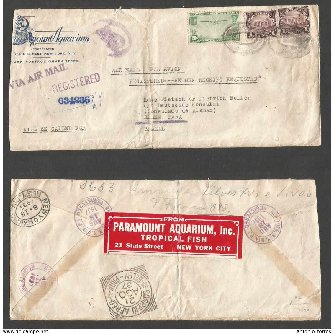 USA - Xx. 1937 (18 Aug) NYC - Brazil, Para, Amazonas (21 Aug) 3 Days Transit. Registered AR Comercial Paramount Aquarium - Autres & Non Classés