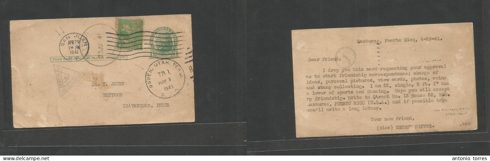 Usa - Prexies. 1941 (Apr 29) Puerto Rico, San Juan - India, Neyoor (22 Jun) 1c Green + Adtl, Tied Rolling Cachet Via Mil - Otros & Sin Clasificación