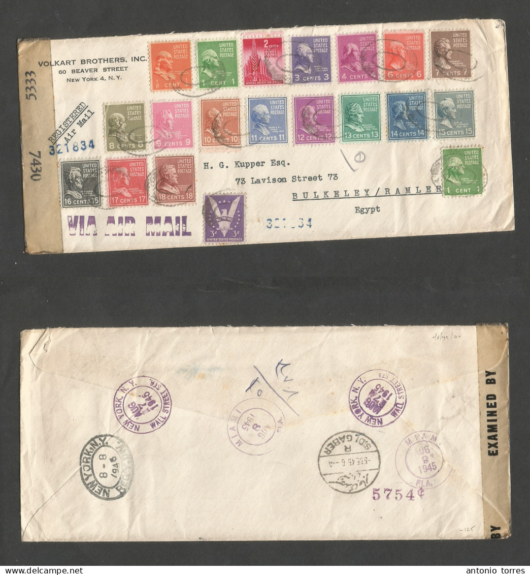 Usa - Prexies. 1945 (7 Aug) NYC - Egypt, Bulkeley, Ramleh, Sidi Gaber (5 Sept) Registered Multifkd Env, Incl 20 Diff Val - Autres & Non Classés