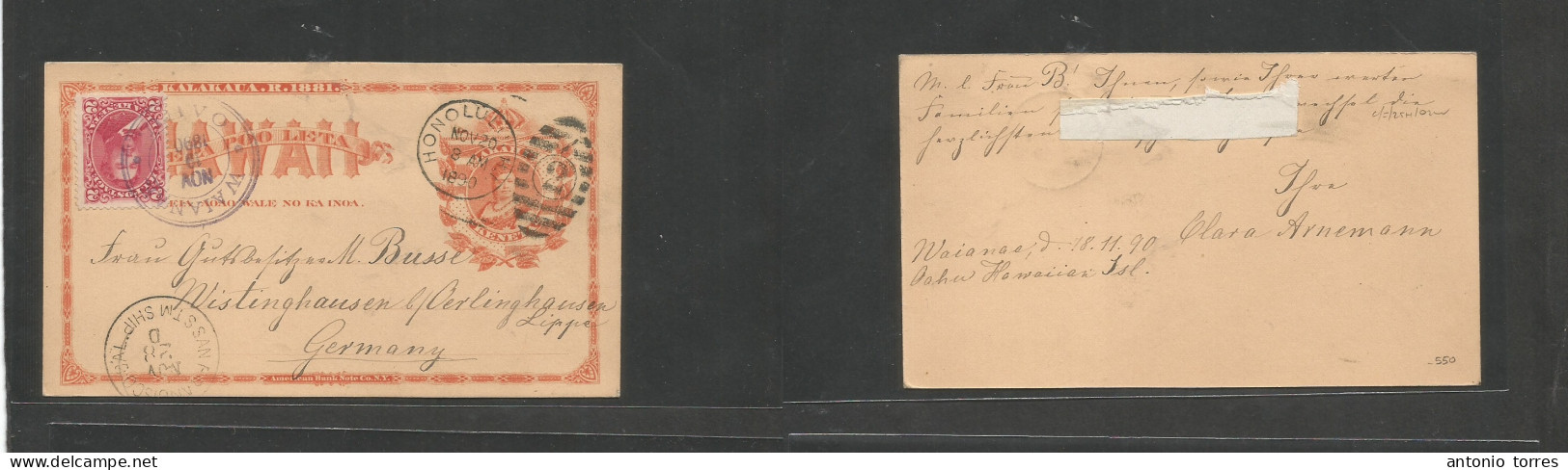 Usa - Hawaii. 1890 (18 Nov) Waianas, Oahu - Germany, Wistinghausen Via Honolulu - San Francisco, California. Orange Stat - Other & Unclassified