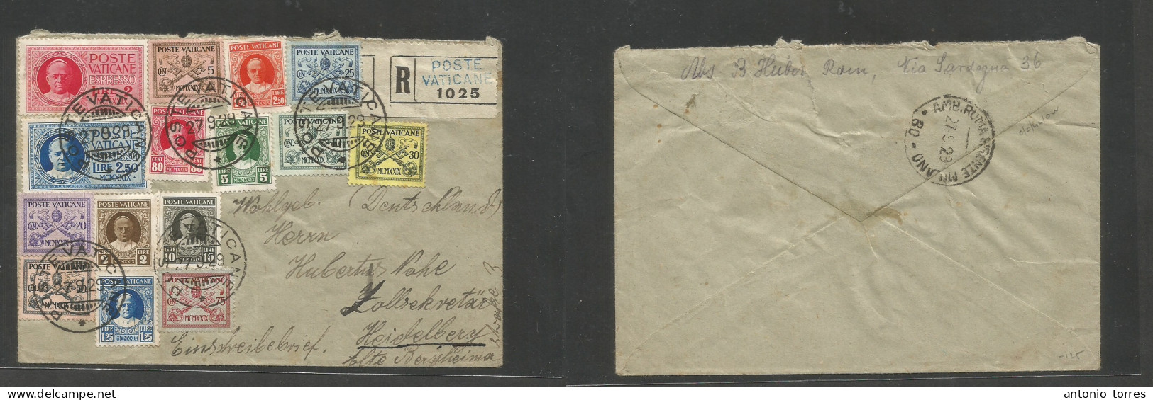 Vatican. 1928 (27 Sept) Citta - Germany, Heidelberg Via TPO Reverse. Registered Massive Multifkd Env. Appealing Item, Ni - Other & Unclassified