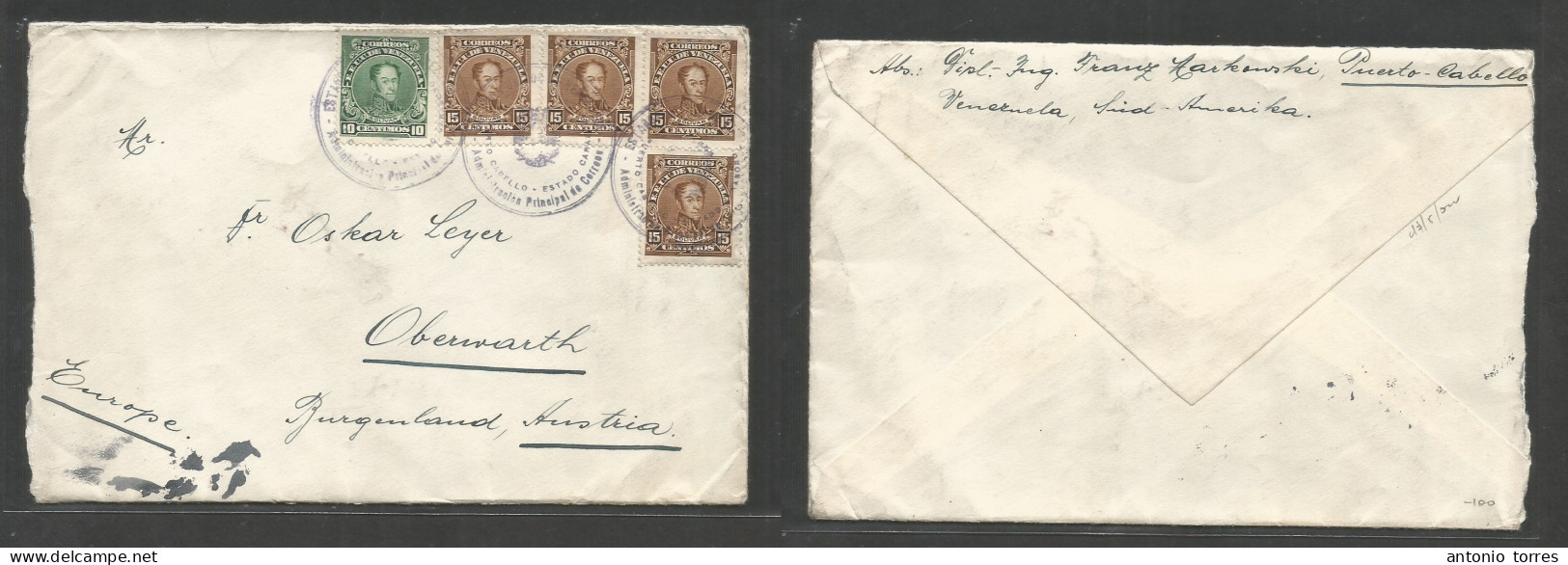 Venezuela. C. 1930. Puerto Cabello - Austria, Oberwarth. Multifkd Env At 70c Rate, Tied Blue Shield Town Cachets. Nice I - Venezuela