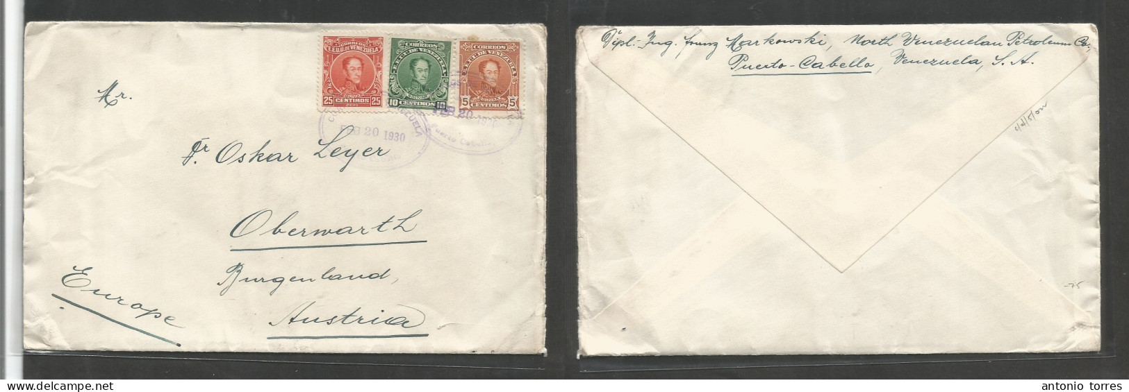 Venezuela. 1930 (20 Febr) Puerto Cabello - Austria, Oberwarth. Tricolor Multifkd Env, Oval Lilac Town Ds Cachets. At 40c - Venezuela