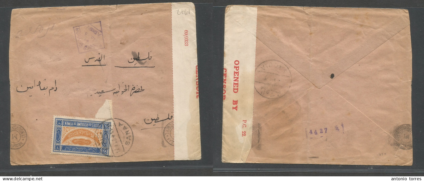 Yemen. 1942 (13 Jan) Sanaa - Aden. Via Magnia - Cairo. Single 6 Boushas Fkd Env, Tied Cds, British Aden Censor Label + C - Yémen