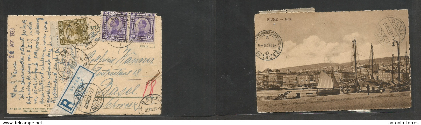 Yugoslavia. 1923 (August 24) Susak - Switzerland, Basel (30 Aug) Multifkd Ppc + Tied R-label Transited Throughout. Fiume - Otros & Sin Clasificación