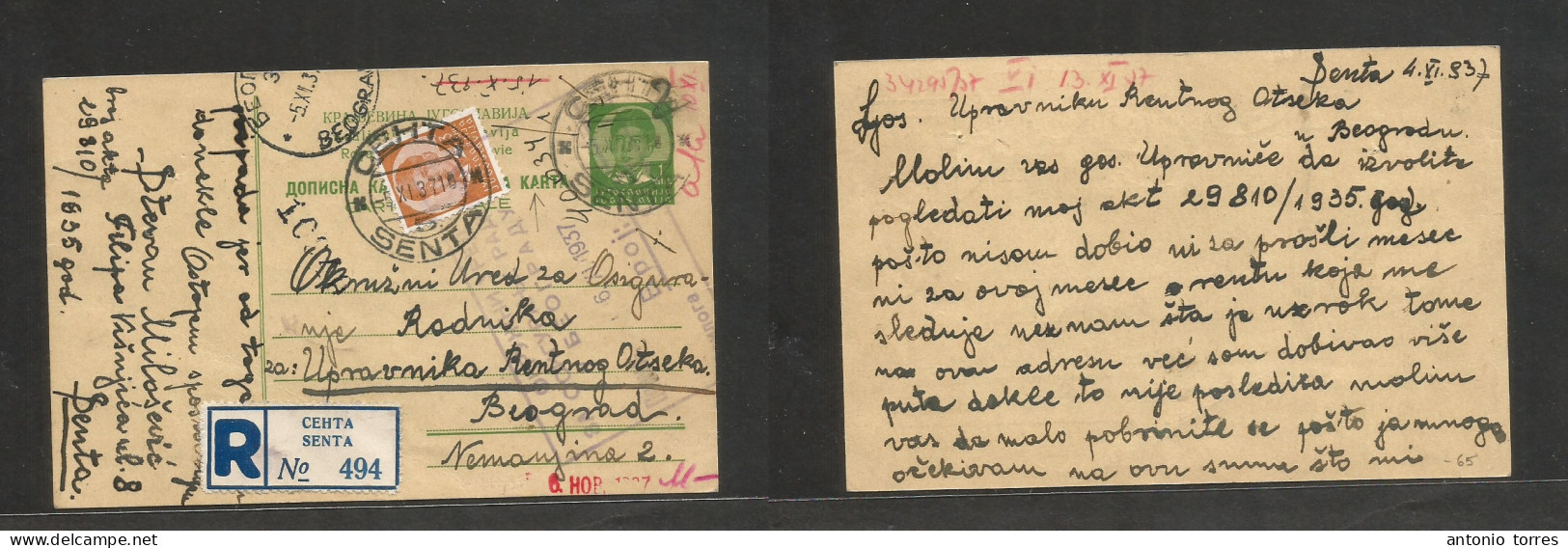 Yugoslavia. 1937 (5 Nov) Senta - Belgrade (5 Nov) Registered + Adtl 1 Dinar Green Stat Card + R-label. Airmail + Various - Other & Unclassified