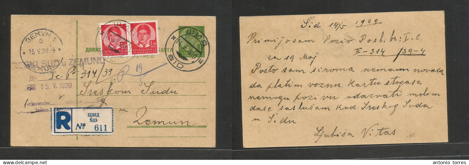 Yugoslavia. 1939 (14 May) Sid - Zemun. Registered Multifkd 1 Dinar Green Stat Card, Tied Cds + R-label + Adtl Cachet. VF - Otros & Sin Clasificación