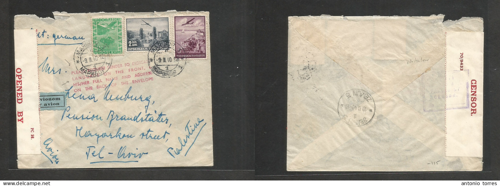 Yugoslavia. 1940 (9 Febr) Maribor - Palestine, Tel Aviv. Air Multifkd Env, Arrival Censor Label + Special Red Cachet "Pl - Altri & Non Classificati