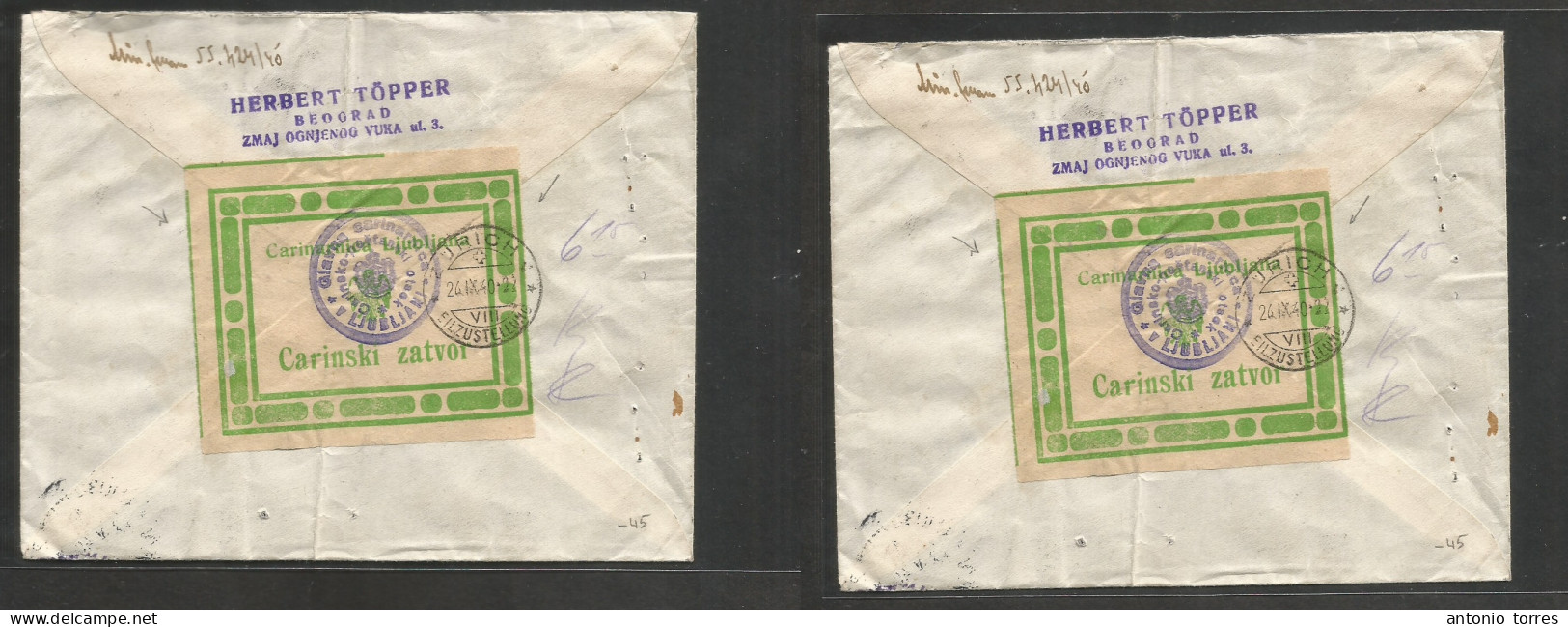Yugoslavia. 1940 (9 May) Belgrade - Zurich, Switzerland (24 Sept) Express Multifkd Envelope, Reverse Tied Green Transit - Other & Unclassified