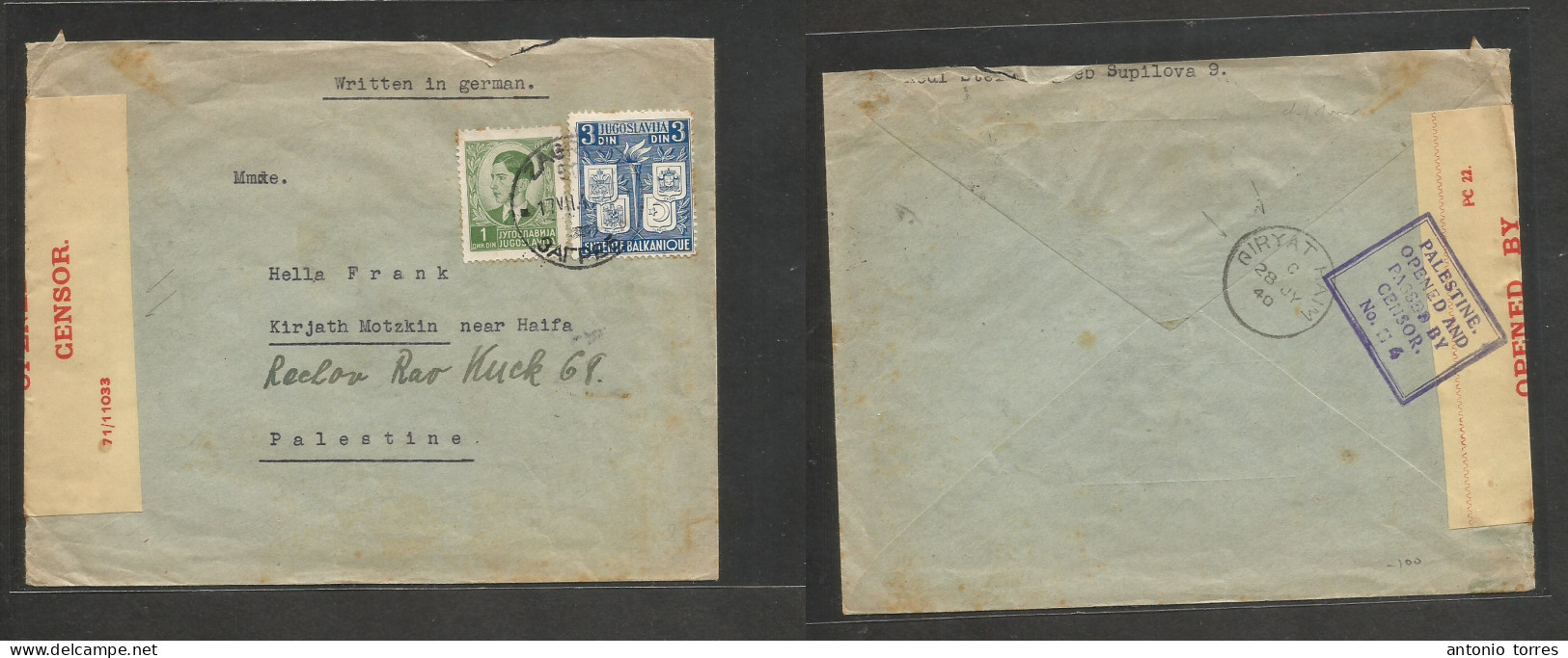 Yugoslavia. 1940 (17 July) Zagreb - Palestine, Kirjath, Motzkin (28 July) Multifkd German Written Envelope, Arrival Tied - Other & Unclassified