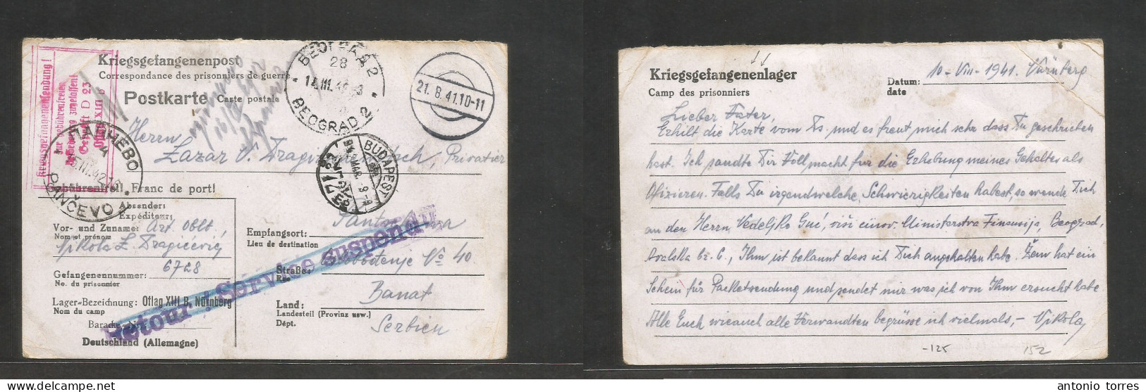 Yugoslavia. 1941 (10 Aug) POW Mail, Germany, Varnberg - Serbian, Banat. Dispatched 21 Aug - Budapest, Belgrade - Pancevo - Andere & Zonder Classificatie