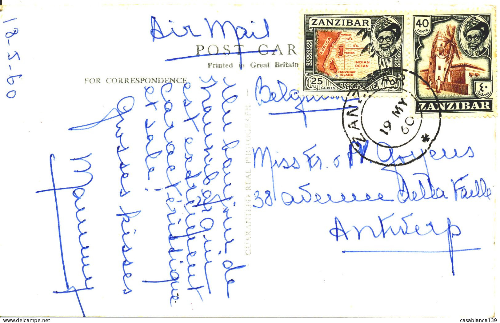 Zanzibar, PC Original Photographe) To ,Antverpen, 19.5.1960, Rare Origin And Destination. Ver Clean - Zanzibar (...-1963)