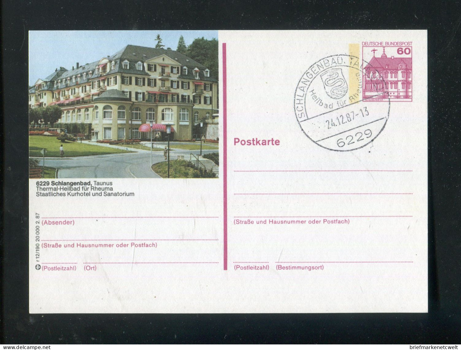 "BUNDESREPUBLIK DEUTSCHLAND" 1987, Bildpostkarte Mit Bildgleichem Stempel Ex "SCHLANGENBAD" (B1058) - Cartes Postales Illustrées - Oblitérées