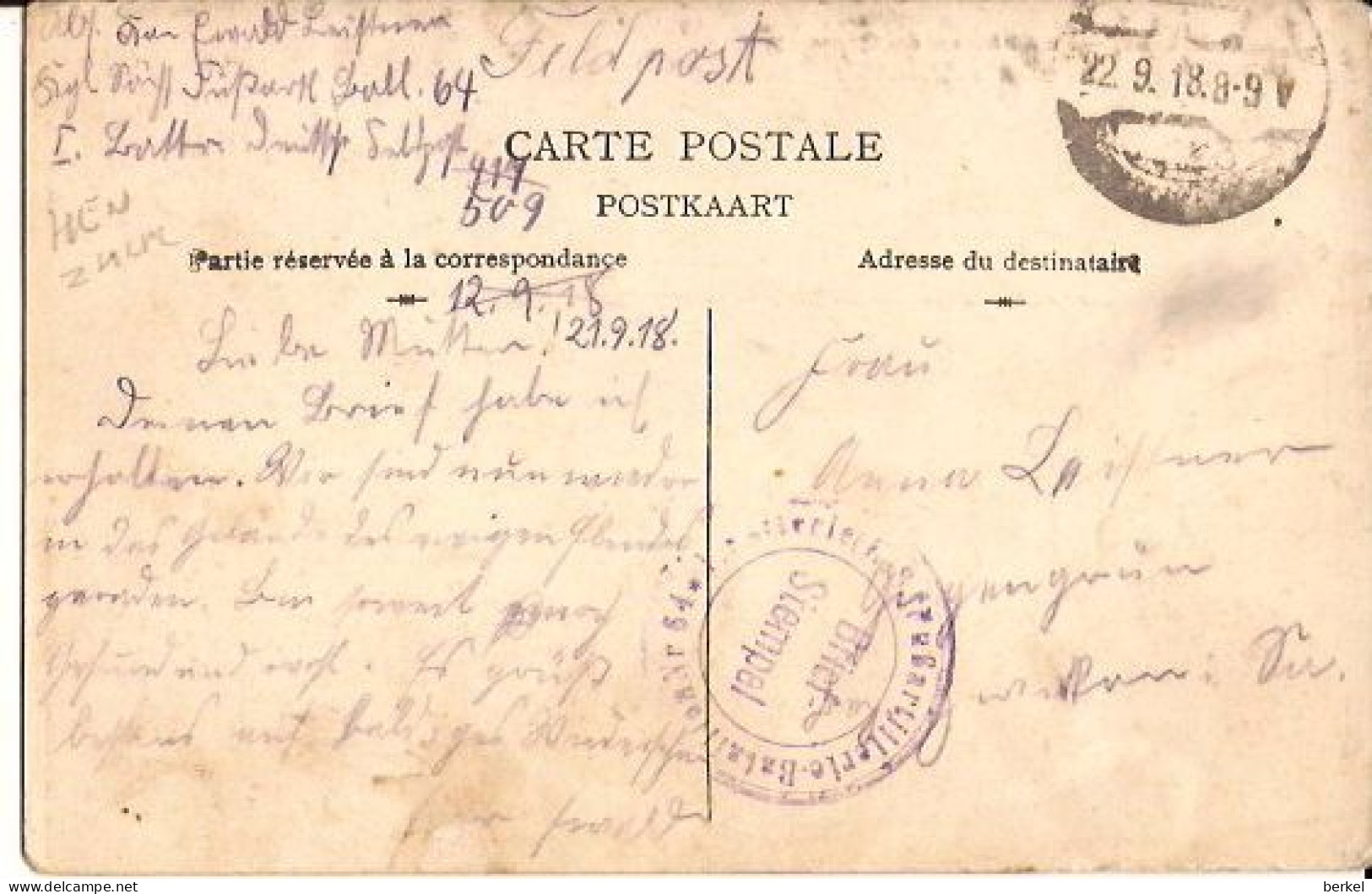 6 ERBAUT LENS  JURBEKE Le Château De Quesnoy Feldpost 22.9.1918 1346 /d1 - Lens