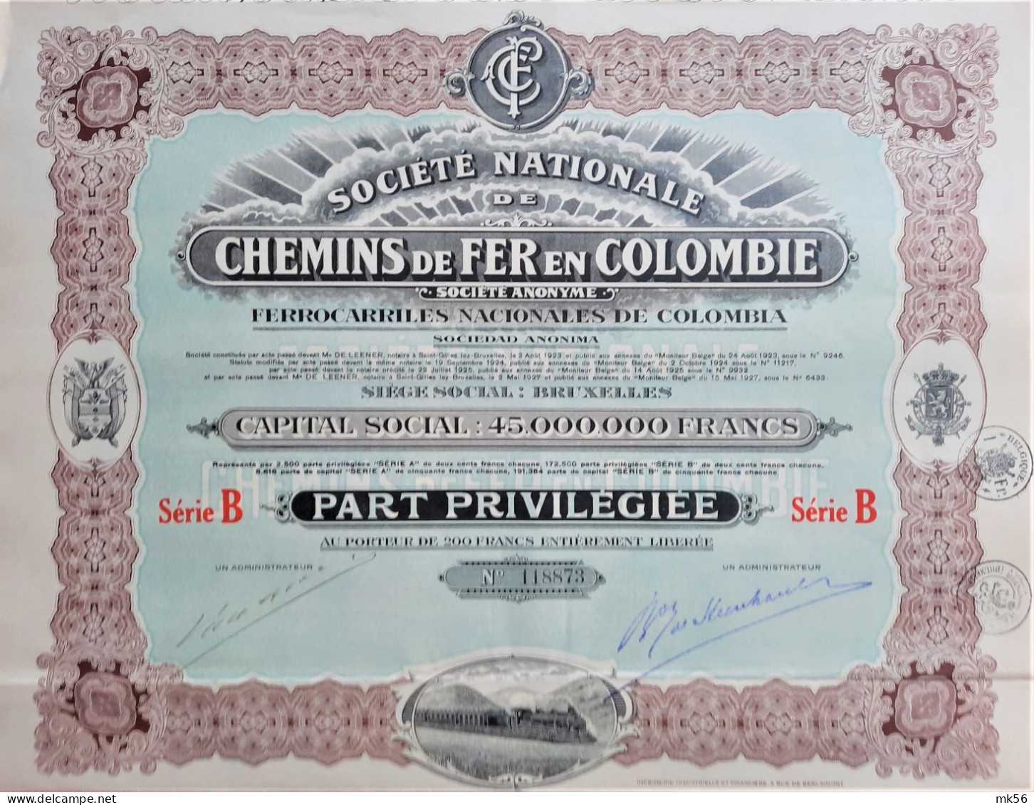 Société Nationale De Chemins De Fer En Colombie - Part Privilégiée - 1927 - Chemin De Fer & Tramway