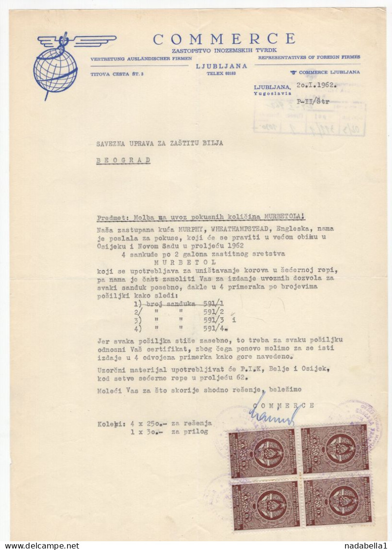 1962. YUGOSLAVIA,SLOVENIA,LJUBLJANA,COMMERCE AGENCY,LETTERHEAD,4 STATE REVENUE STAMPS,LETTER TO MINISTRY OFFICE - Cartas & Documentos