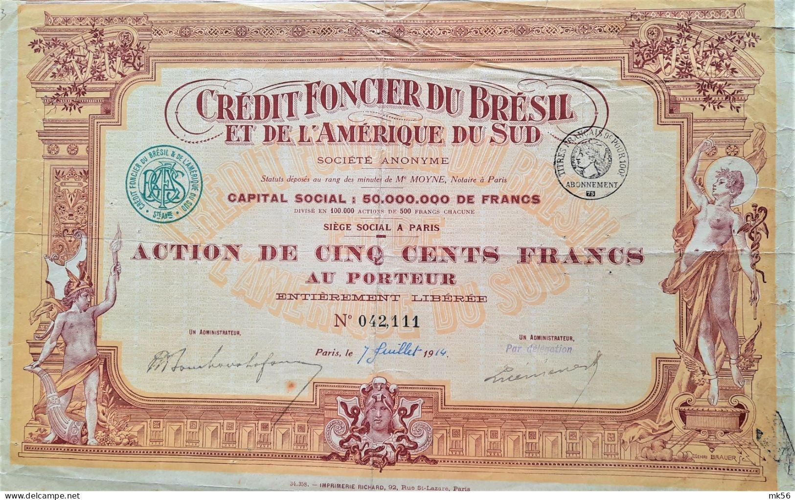 S.A. Credit Foncier Du Brésil Et De L'Amérique Du Sud  - 1914 - Banco & Caja De Ahorros