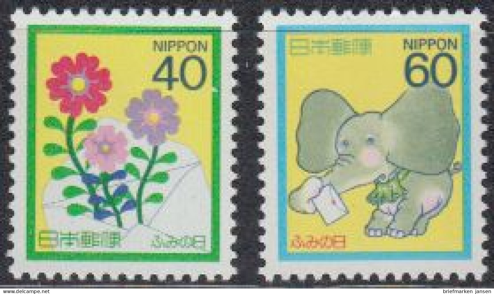 Japan Mi.Nr. 1746+47A Tag Des Briefschreibens, Elefant, Blumen (2 Werte) - Otros & Sin Clasificación