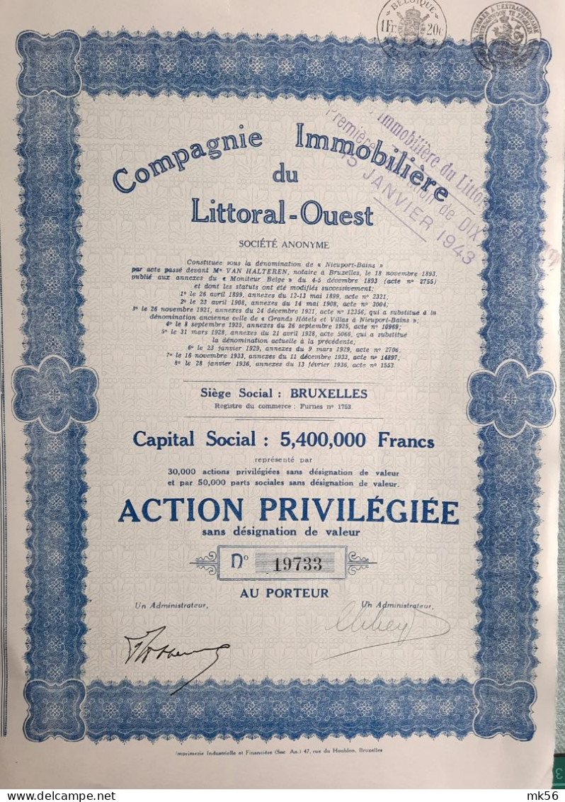 Compagnie Immobilière Du Littoral-Ouest - 1936 - Bruxelles - Action Priviligiée - Andere & Zonder Classificatie