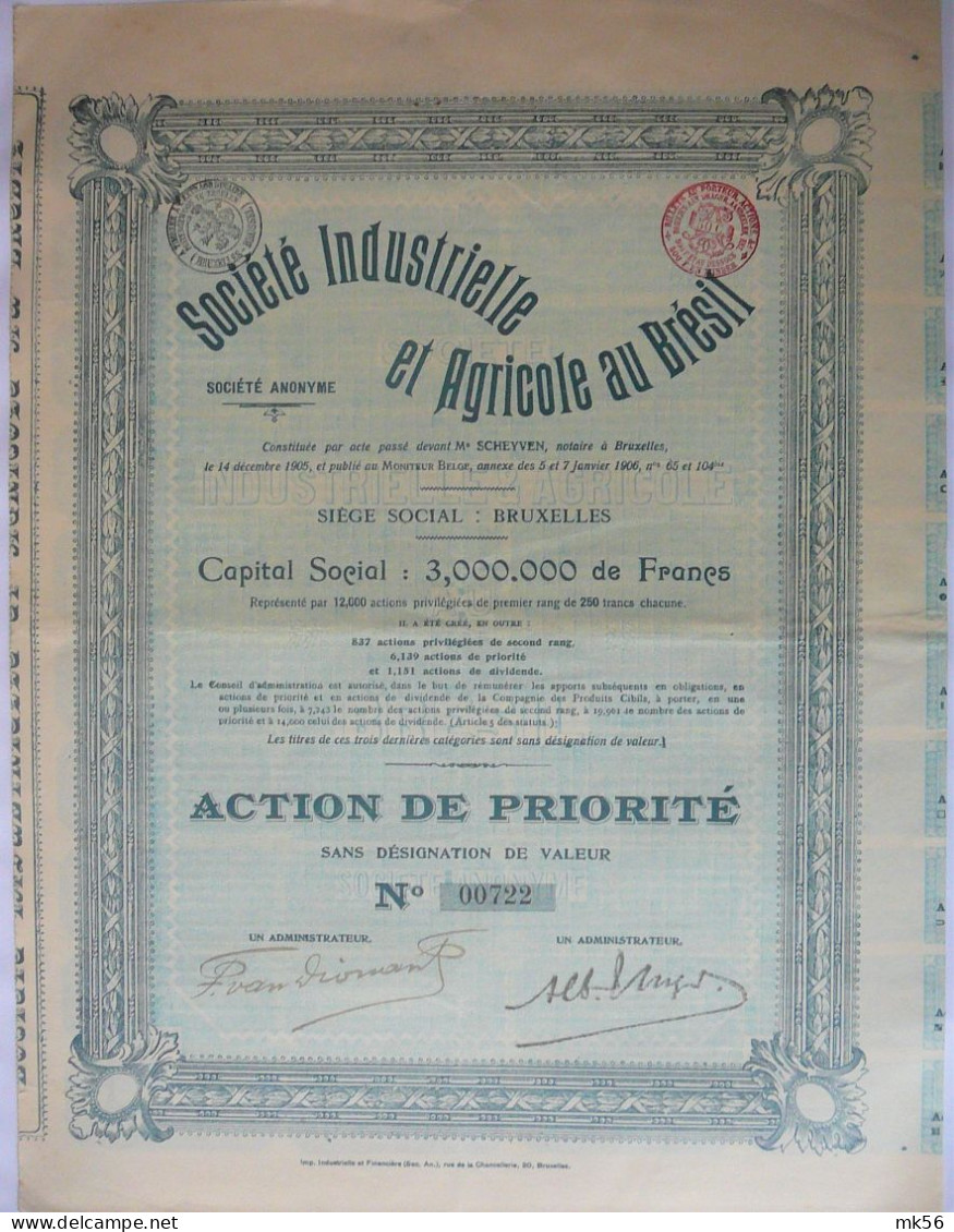 S.A. Soc.Industrielle Et Agricole Au Brésil - Action De Priorité - Bruxelles - Agricultura