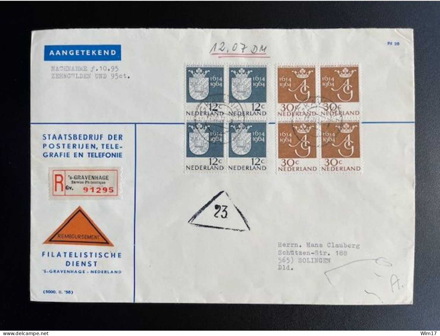 NETHERLANDS 1964 REGISTERED LETTER 'S GRAVENHAGE TO SOLINGEN 15-06-1964 NEDERLAND AANGETEKEND - Covers & Documents