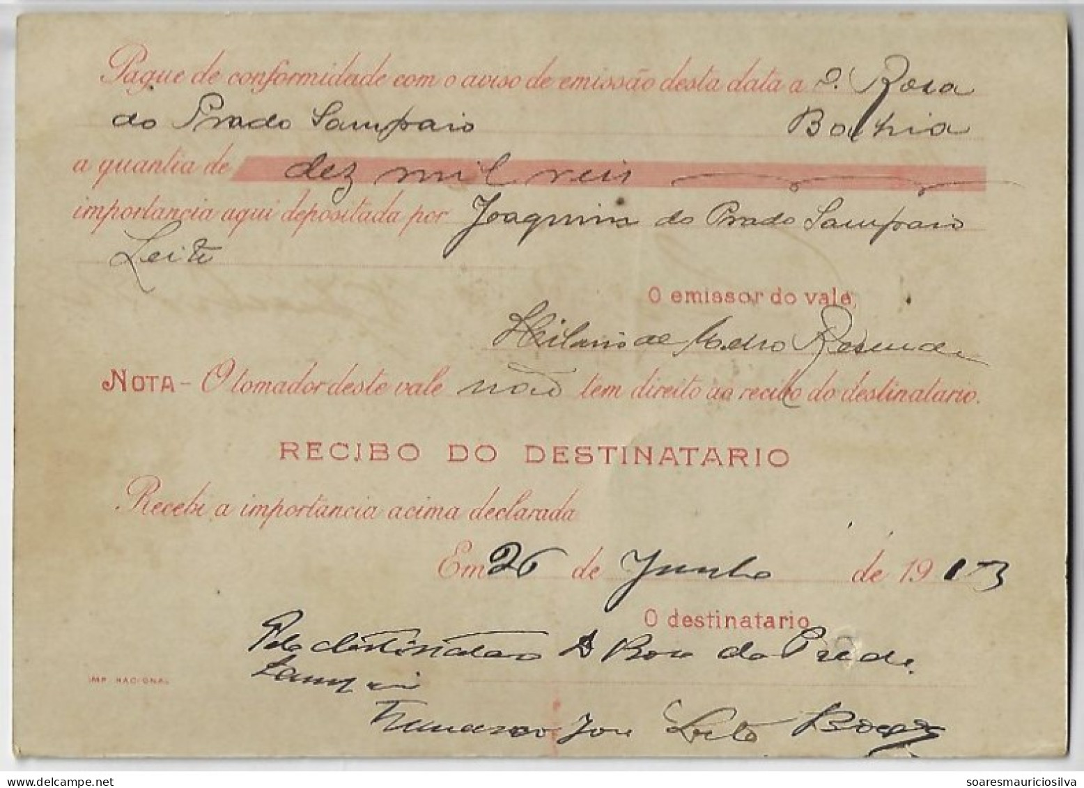 Brazil 1913 Money Order From Aracaju To Bahia Vale Postal Stamp 10$000 Definitive President Floriano Peixoto 300 Réis - Brieven En Documenten