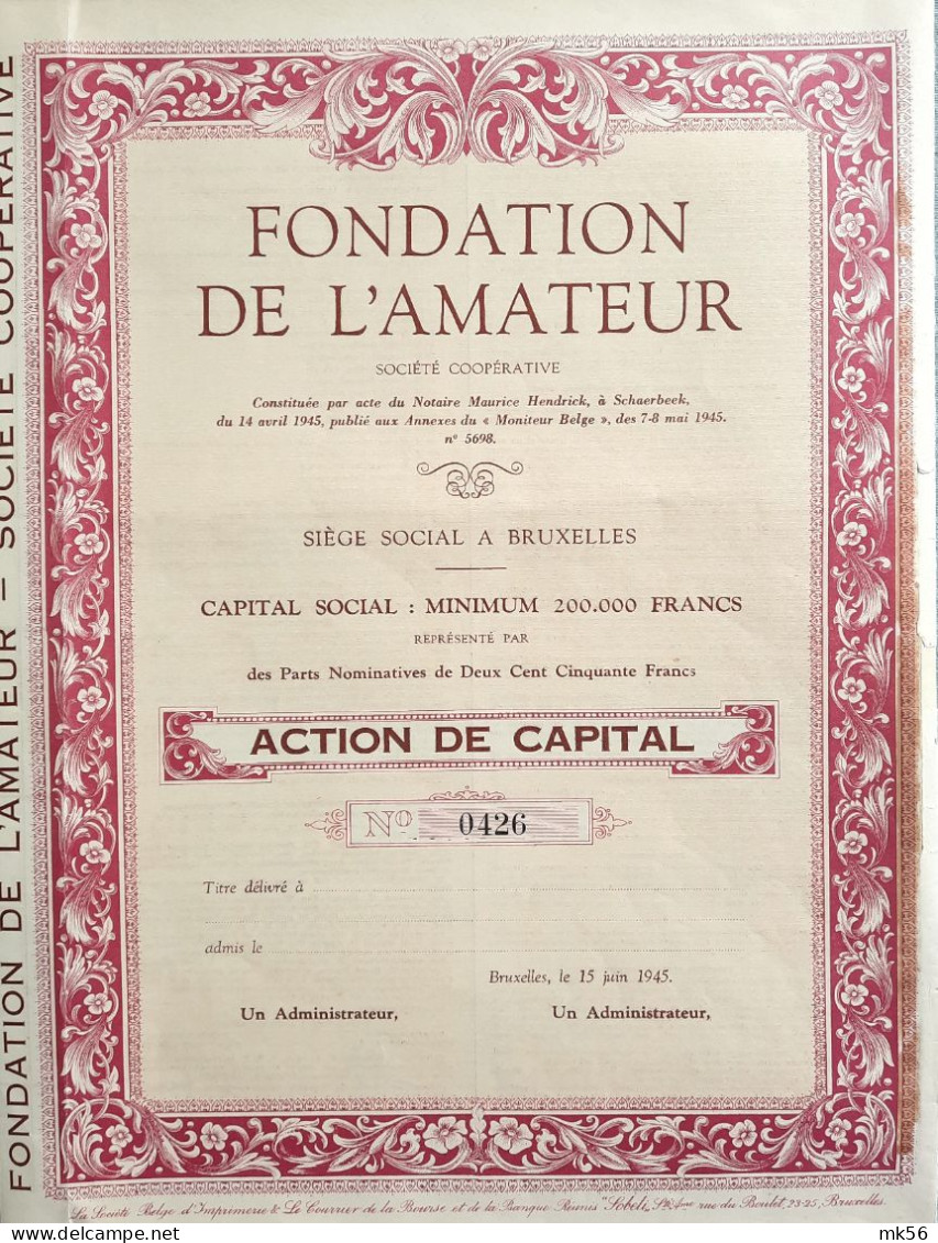 Fondation De L'amateur - Action De Capital - 1945 - Bruxelles - Agricoltura