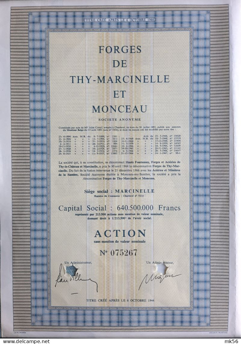 Forges De Thy-Marcinelle Et Monceau - 1967 - Action - Industry