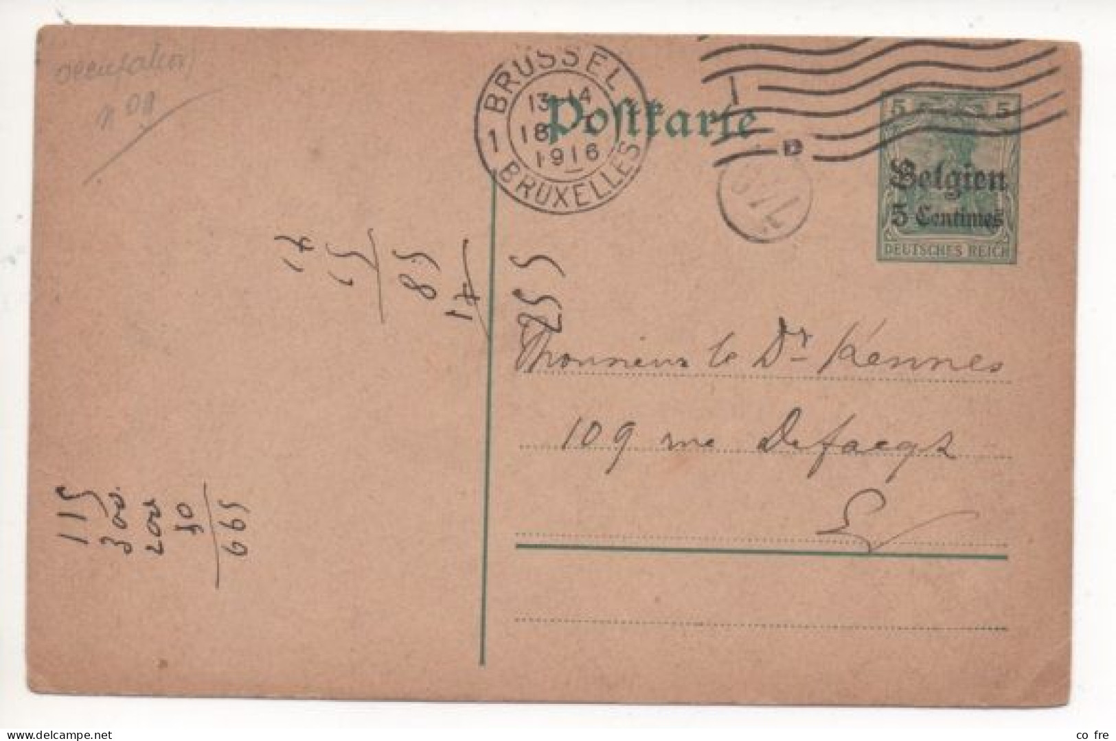 Belgique, Entier Postal De L'occupation Allemande En Belgique (1916) - Sonstige & Ohne Zuordnung