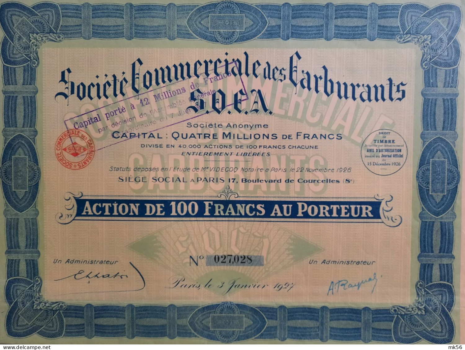 Société Commerciale Des Carburants S.O.C.A. - Action De 100 Francs Au Porteur -1926 - Paris - Automobil