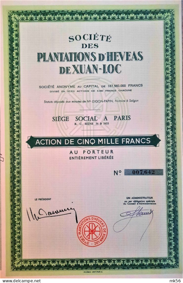Société Des Plantations D'Heveas De Xuan-Loc - Paris - Action De 5000 Francs - Agricoltura