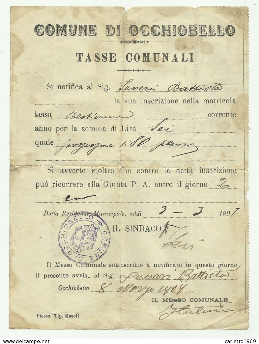 COMUNE DI OCCHIOBELLO - TASSE COMUNALI 1907 - Historische Dokumente