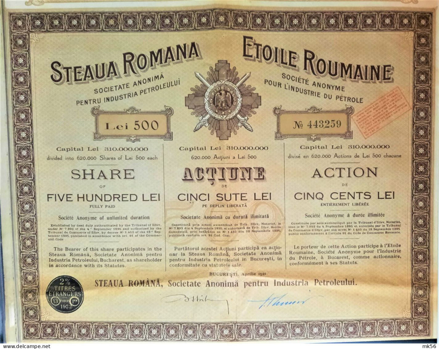 Etoile Roumaine - S.A. Pour L'industrie Du Pétrole - Action De 500 Lei - 1912 - Bucuresti - Oil