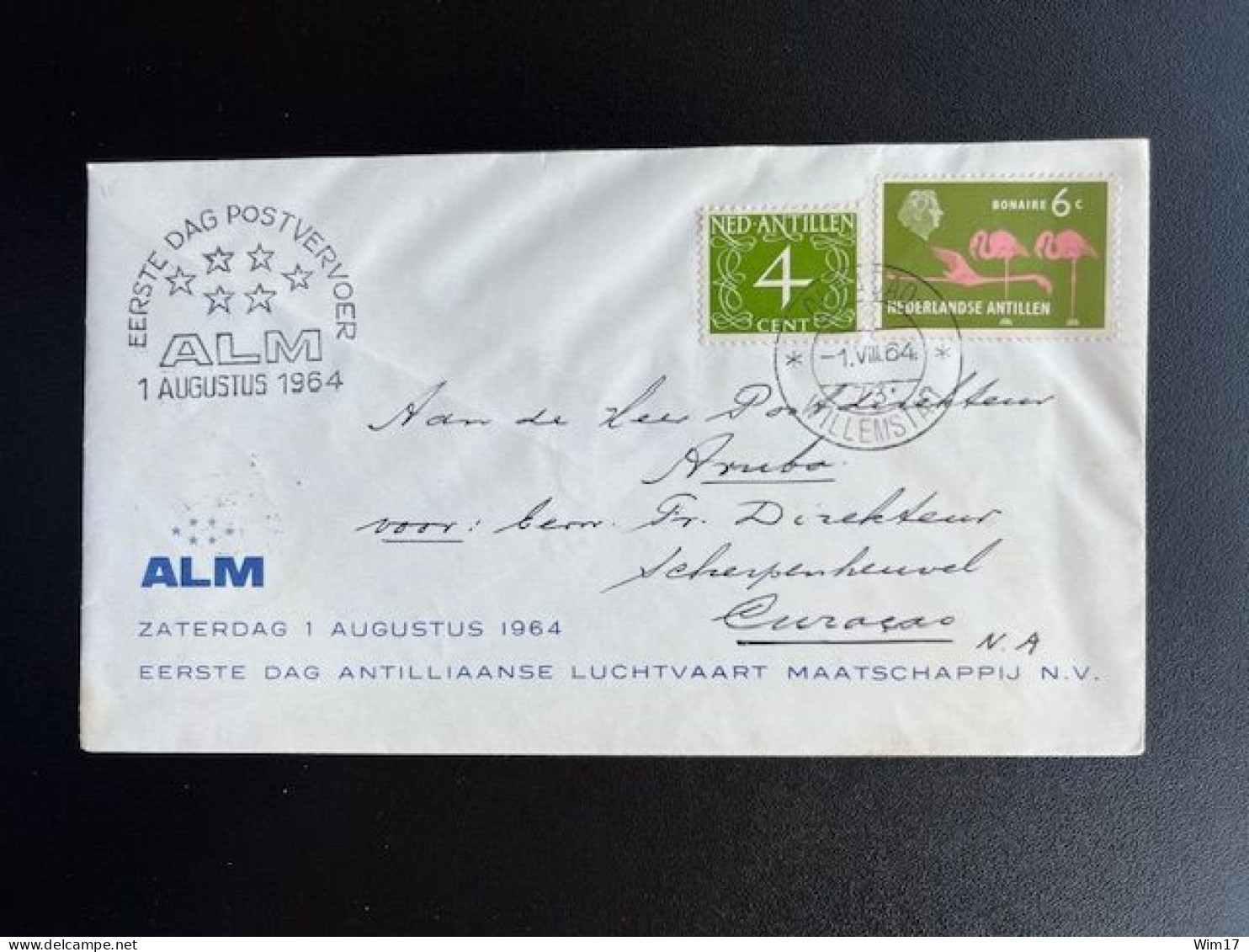 DUTCH ANTILLES CURACAO 1964 SPECIAL COVER FIRST POSTAL FLIGHT ALM 01-08-1964 NEDERLANDSE ANTILLEN - Curaçao, Antille Olandesi, Aruba