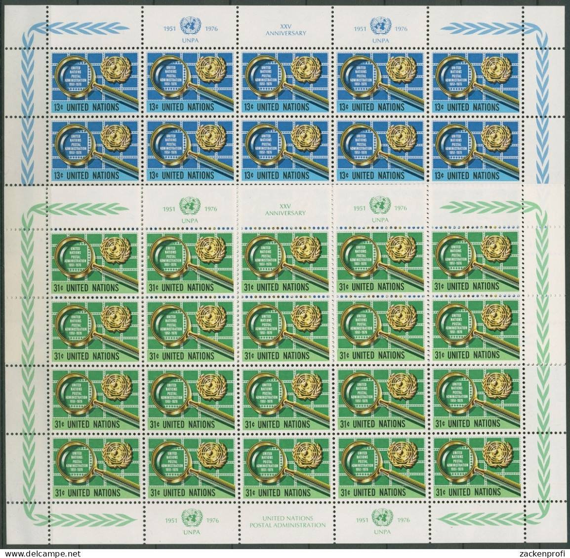 UNO New York 1976 25 Jahre Postverwaltung Kpl. Bogen 299/00 Postfrisch (C13717) - UNO