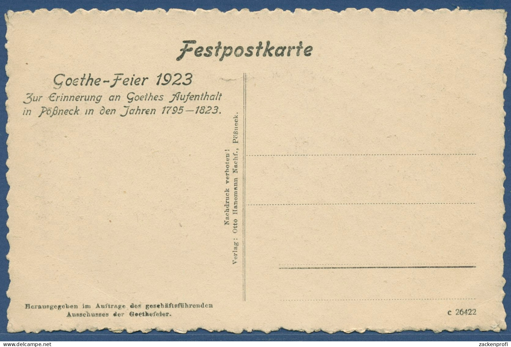 Pößneck Schmiedegasse Goethe-Feier 1923, Ungebraucht (AK31174) - Poessneck